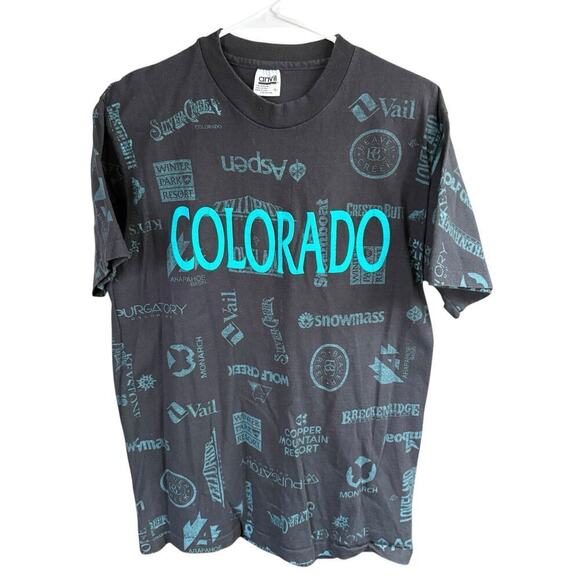 Vtg 90s T Shirt Anvil Colorado AOP L Ski Resorts Single Stitch All Over Print - Picture 1 of 8